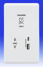 Single Voltage Shaver Socket 230V c/w USB A+C - White product image