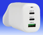 Fast Charge 65W 2xUSB-C + USB-A UK/US/EU Charger - White product image