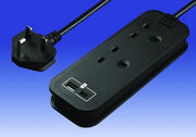 2 Way Trailing Extension Socket - Black c/w USB A+C Fast Charger product image