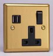 Varilight - 13 Amp 2 Gang Switched Socket c/w USB A + A - Classic Brushed Brass - Black product image 2