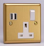 Varilight - 13 Amp 2 Gang Switched Socket c/w USB A + A - Classic Brushed Brass - White product image 2