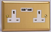 Varilight - 13 Amp 2 Gang Switched Socket c/w USB A + A - Classic Brushed Brass - White product image 3