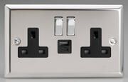 Mirror Chrome - Switched Socket c/w 2 x USB Sockets - Black/Chrome product image