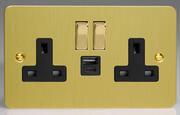 Varilight - Ultraflat Brushed Brass - Black - 13 Amp 2 Gang Switched Socket + 2 x USB product image