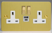 Varilight - Ultraflat Brushed Brass - White - 13 Amp 2 Gang Switched Socket + 2 x USB product image