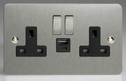 Varilight - Ultraflat Brushed Steel - Black - 13 Amp 2 Gang Switched Socket + 2 x USB product image