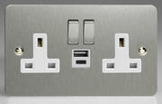 Varilight - Ultraflat Brushed Steel - White - 13 Amp 2 Gang Switched Socket + 2 x USB product image