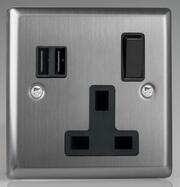 Varilight - Brushed Stainless Steel - Black - 13 Amp 2 Gang Switched Sockets + 2 x USB product image 3