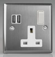 Varilight - Brushed Stainless Steel - White -13 Amp 2 Gang Switched Sockets + 2 x USB product image 3