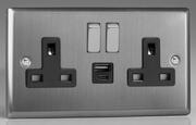 Varilight - Brushed Stainless Steel - Steel/Black - 13 Amp 2 Gang Switched Sockets + 2 x USB product image