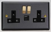 Vogue - Matt Black - 13 Amp 2 Gang Switched Socket + 2 x USB product image